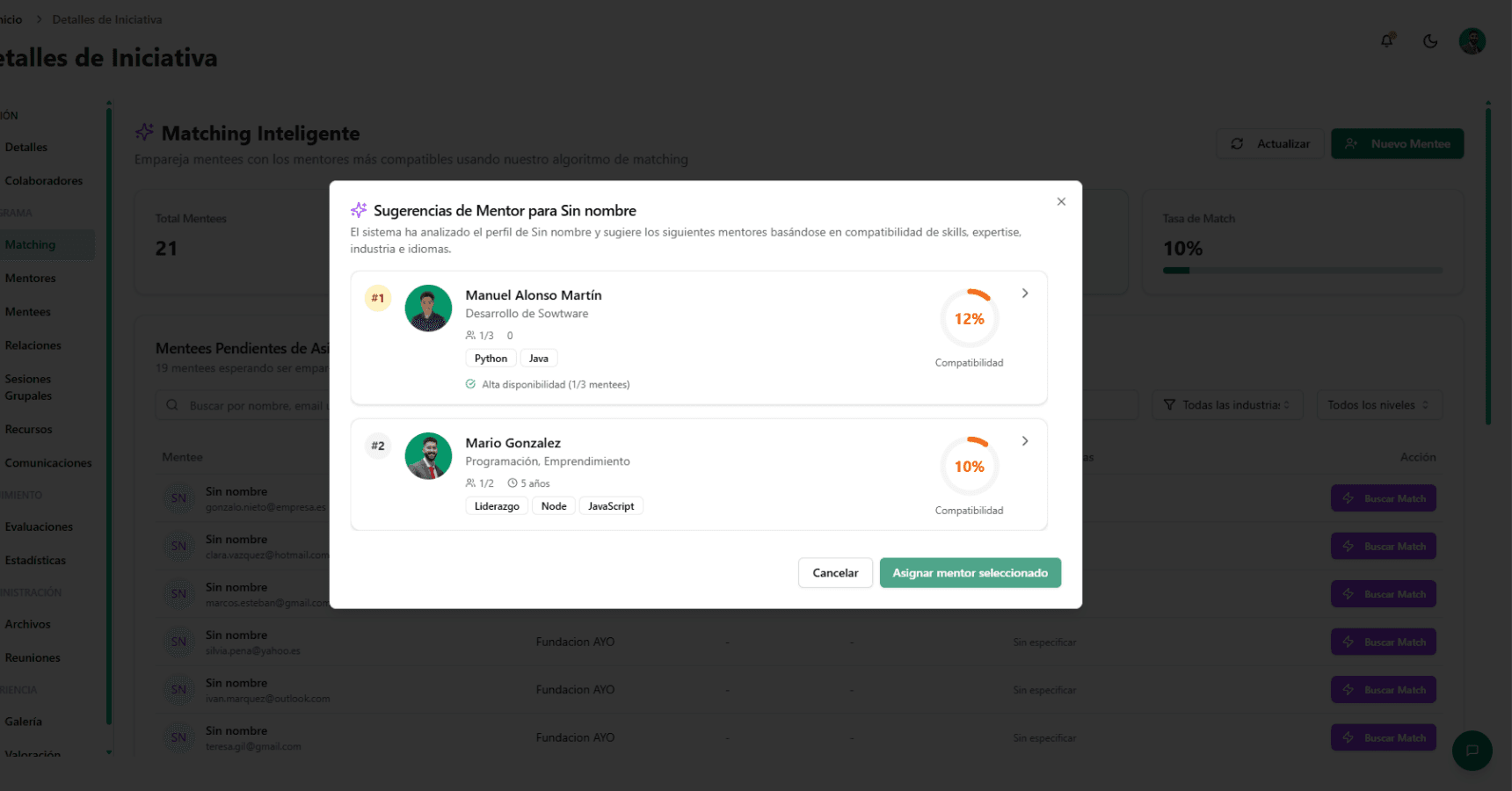 Plataforma de gestión de mentoría
